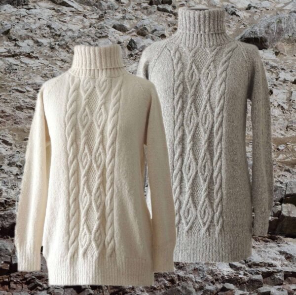 21-2101-NN PFL knitwear producer wholesale Women's hand knitted high collar sweater with cable pattern.
