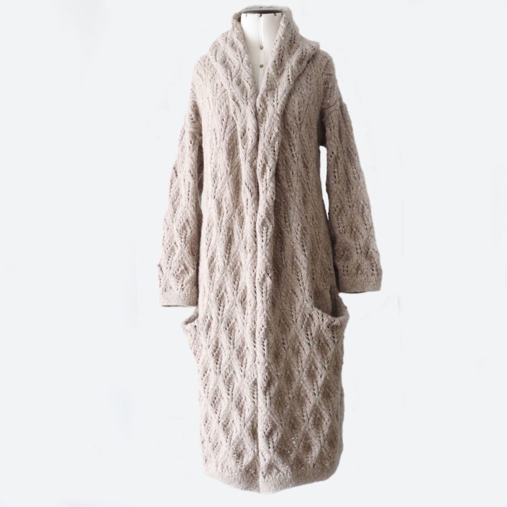 22-1014  pfl knitwear capote coat / cardi coat hand crocheted, alpaca blend.