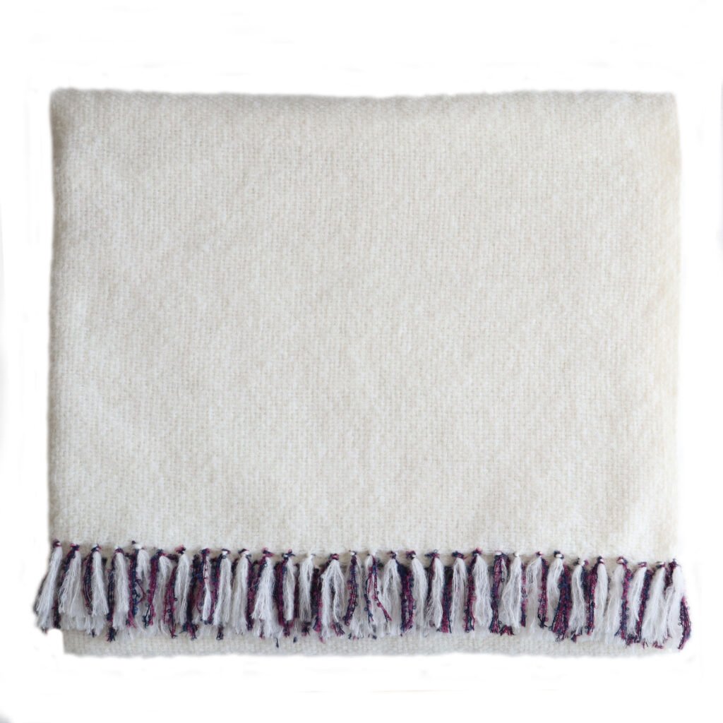 22-9102-NN pfl knitwear wholesale manufacturer  Throw / blanket brushed alpaca blend with 3 color fringes, handwoven.